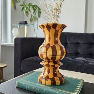 Vintage Segmented Multi Wood Mosaic Hand Turned Vase Two Tone Mid Century Modern